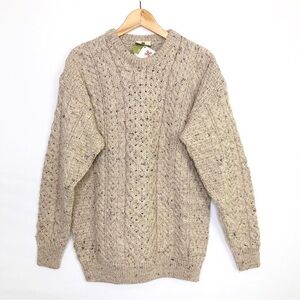 Carraigdonn tan Cable knit wool crew, neck pull over sweater